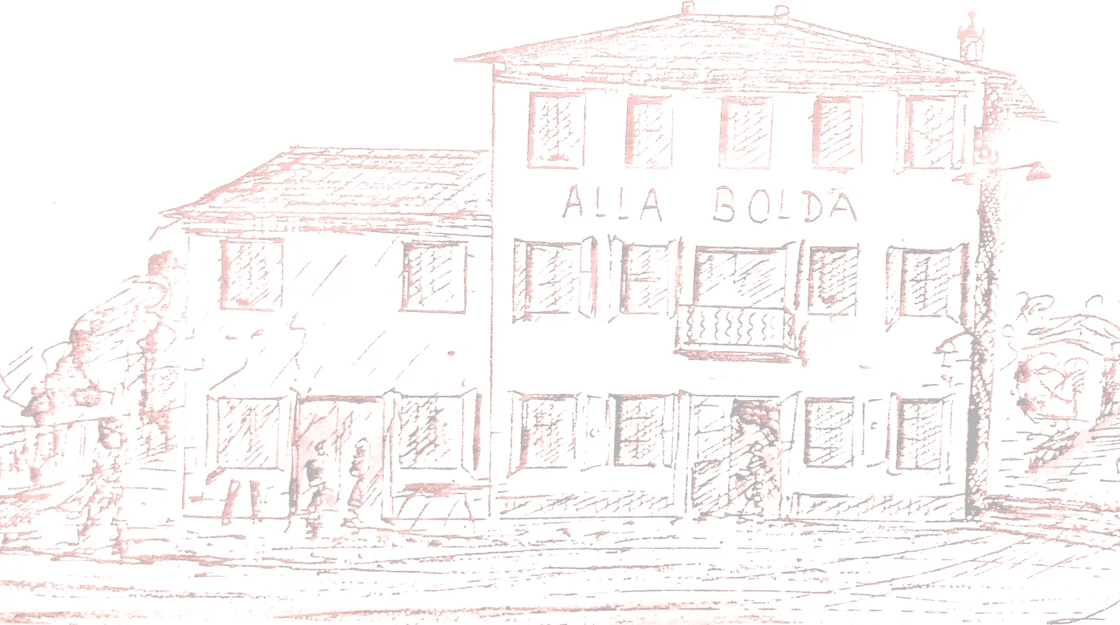 La casa «Alla Bolda» disegnata a matita, con la strada davanti